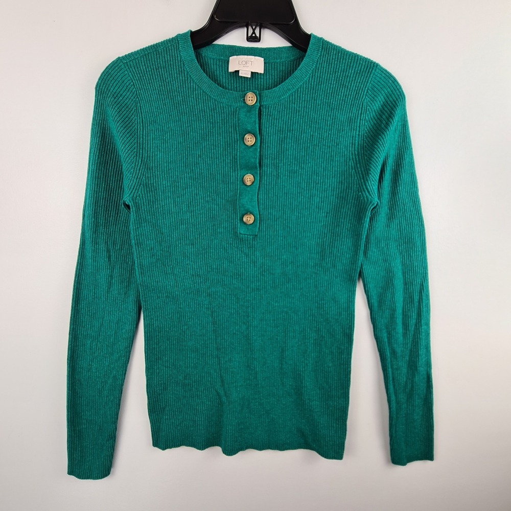 LOFT Outlet Womens Medium Green Ribbed Henley Long Sleeve Crew Neck Sweater